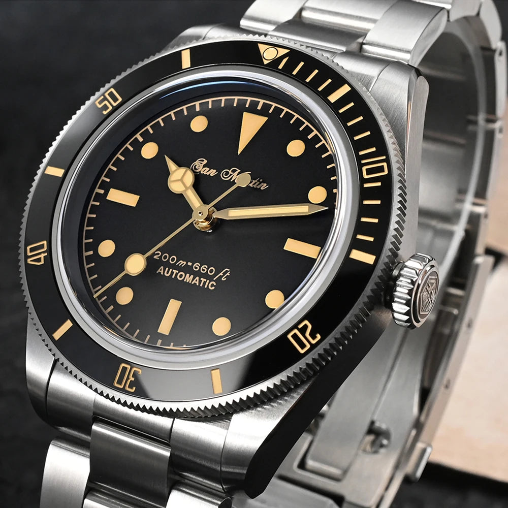 San Martin SN004 Black Gilt Dial Automatic Dive Watch with Gold Hands and Markers