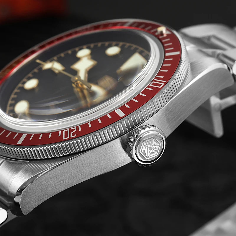 San Martin SN004 – Men’s Automatic Dive Watch – Abyss red Ceramic Bezel – 316L Steel Bracelet – Sapphire Crystal