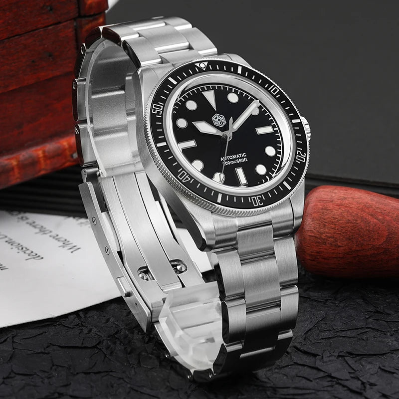 San Martin SN004 – Men’s Automatic Dive Watch – Abyss black Ceramic Bezel – 316L Steel Bracelet – Sapphire Crystal