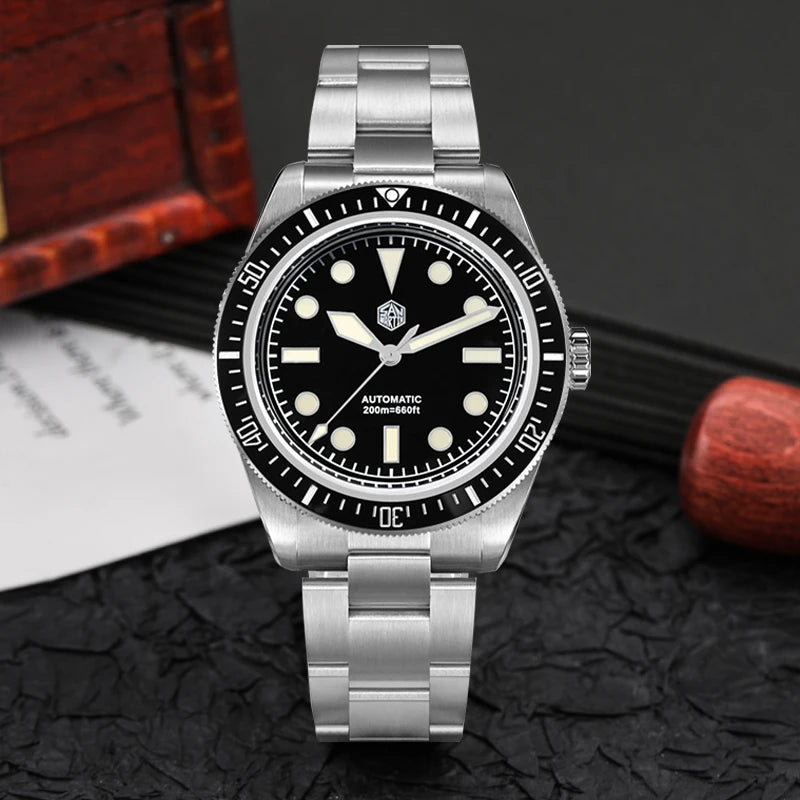 San Martin SN004 – Men’s Automatic Dive Watch – Abyss black Ceramic Bezel – 316L Steel Bracelet – Sapphire Crystal