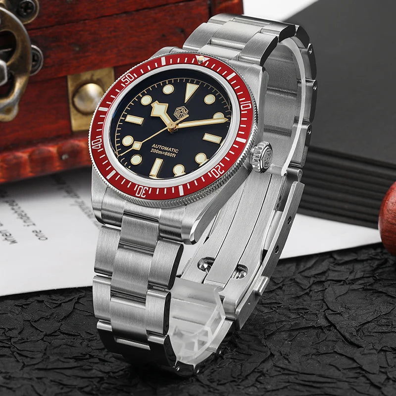 San Martin SN004 – Men’s Automatic Dive Watch – Abyss red Ceramic Bezel – 316L Steel Bracelet – Sapphire Crystal