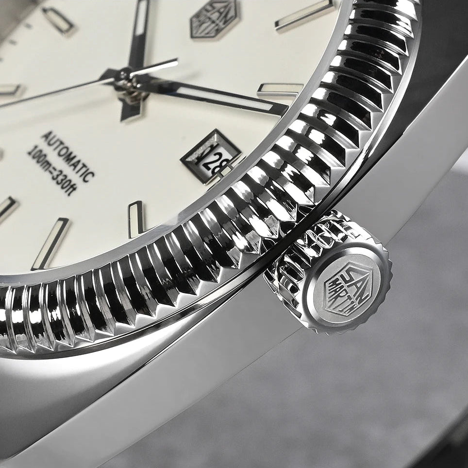 San Martin SN0069 – Automatic Watch – Crown Detail with San Martin Logo – Fluted Bezel – Stainless Steel Finish