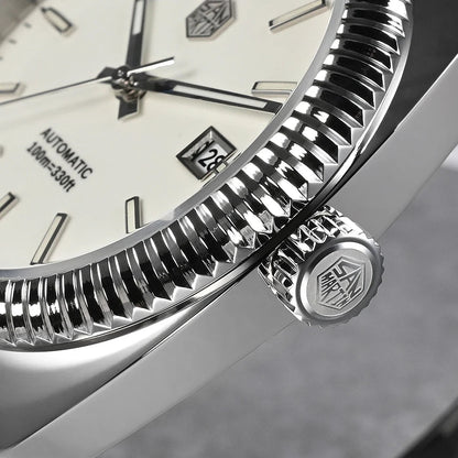 San Martin SN0069 – Automatic Watch – Crown Detail with San Martin Logo – Fluted Bezel – Stainless Steel Finish