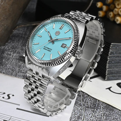 San Martin SN0069 – Men’s Automatic Watch – Light Blue Enamel Dial – Stainless Steel Bracelet – Sapphire Crystal 40mm