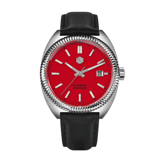 San Martin SN0069 – Men’s Automatic Watch – Red Enamel Dial – Black Leather Strap – Sapphire Crystal 40mm