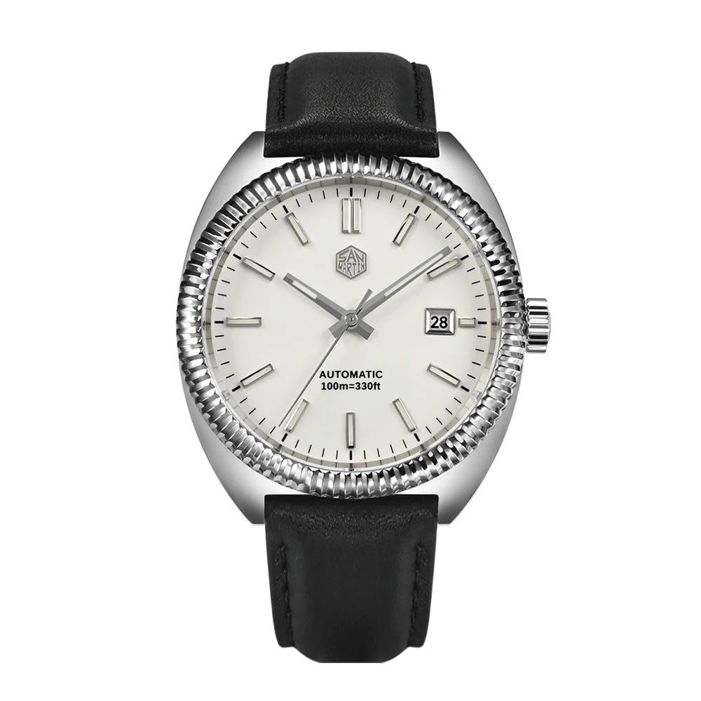 San Martin SN0069 – Men’s Automatic Watch – White Enamel Dial – Black Leather Strap – 316L Steel Case 40mm