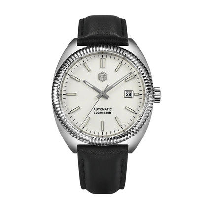San Martin SN0069 – Men’s Automatic Watch – White Enamel Dial – Black Leather Strap – 316L Steel Case 40mm