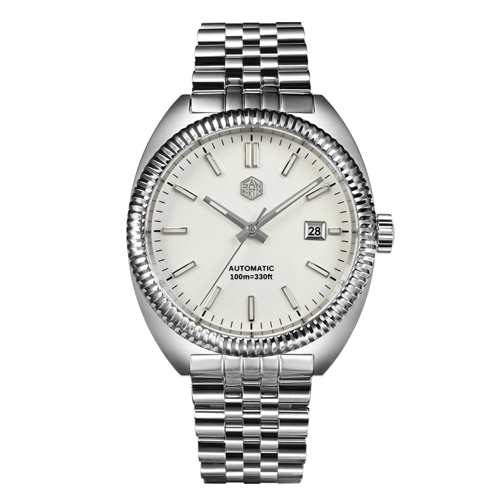 San Martin SN0069 – Men’s Automatic Watch – White Enamel Dial – Stainless Steel Bracelet – Fluted Bezel Design