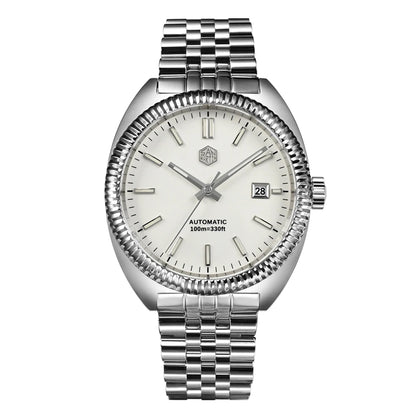 San Martin SN0069 – Men’s Automatic Watch – White Enamel Dial – Stainless Steel Bracelet – Fluted Bezel Design