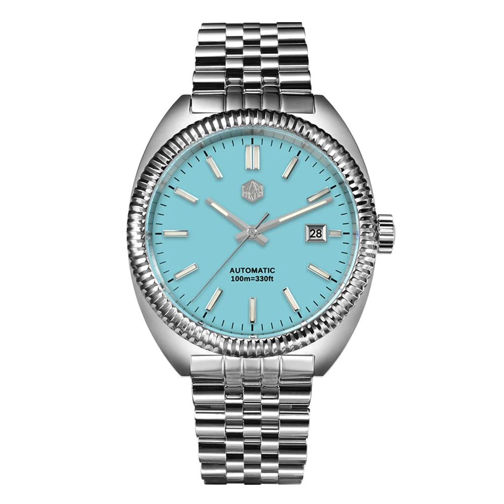 San Martin SN0069 – Men’s Sapphire Automatic Watch – Light Blue Dial – Date Display at 3 o’clock