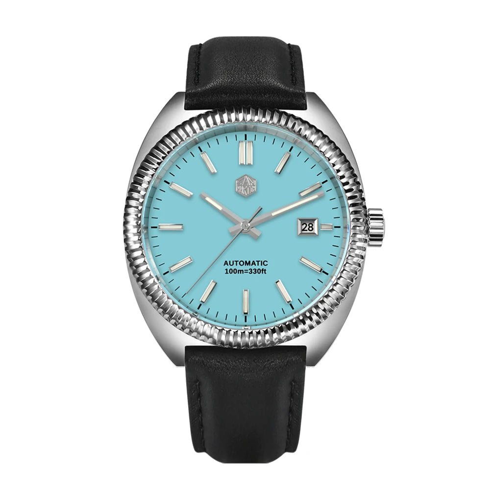 San Martin SN0069 – Men’s Sport Automatic Watch – Light Blue Enamel Dial – Black Leather Strap – Sapphire Crystal