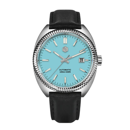 San Martin SN0069 – Men’s Sport Automatic Watch – Light Blue Enamel Dial – Black Leather Strap – Sapphire Crystal