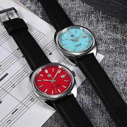 San Martin SN0069 – Men’s Sport Automatic Watches – Red and Light Blue Enamel Dials – 316L Steel Cases – Lifestyle Display