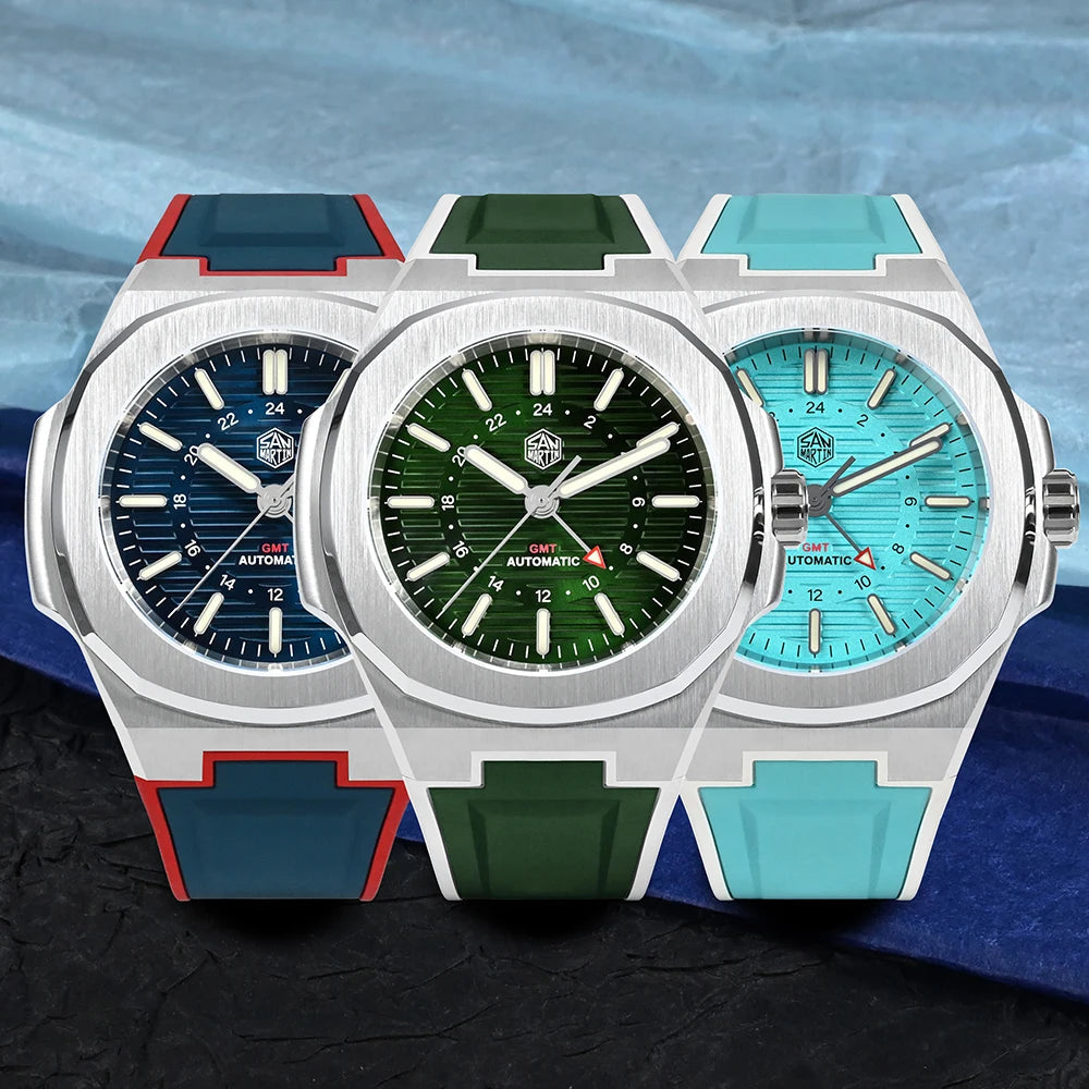 San Martin SN0075-G-C – Automatic Dive Watches Trio Featuring Blue, Green, and Turquoise Dials with Rubber Straps