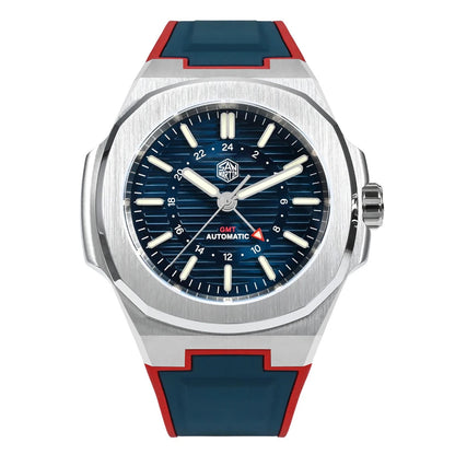San Martin SN0075-G-C – Men’s Automatic Diver Watch – Blue Dial with Red GMT Hand and Sapphire Glass Front Shot