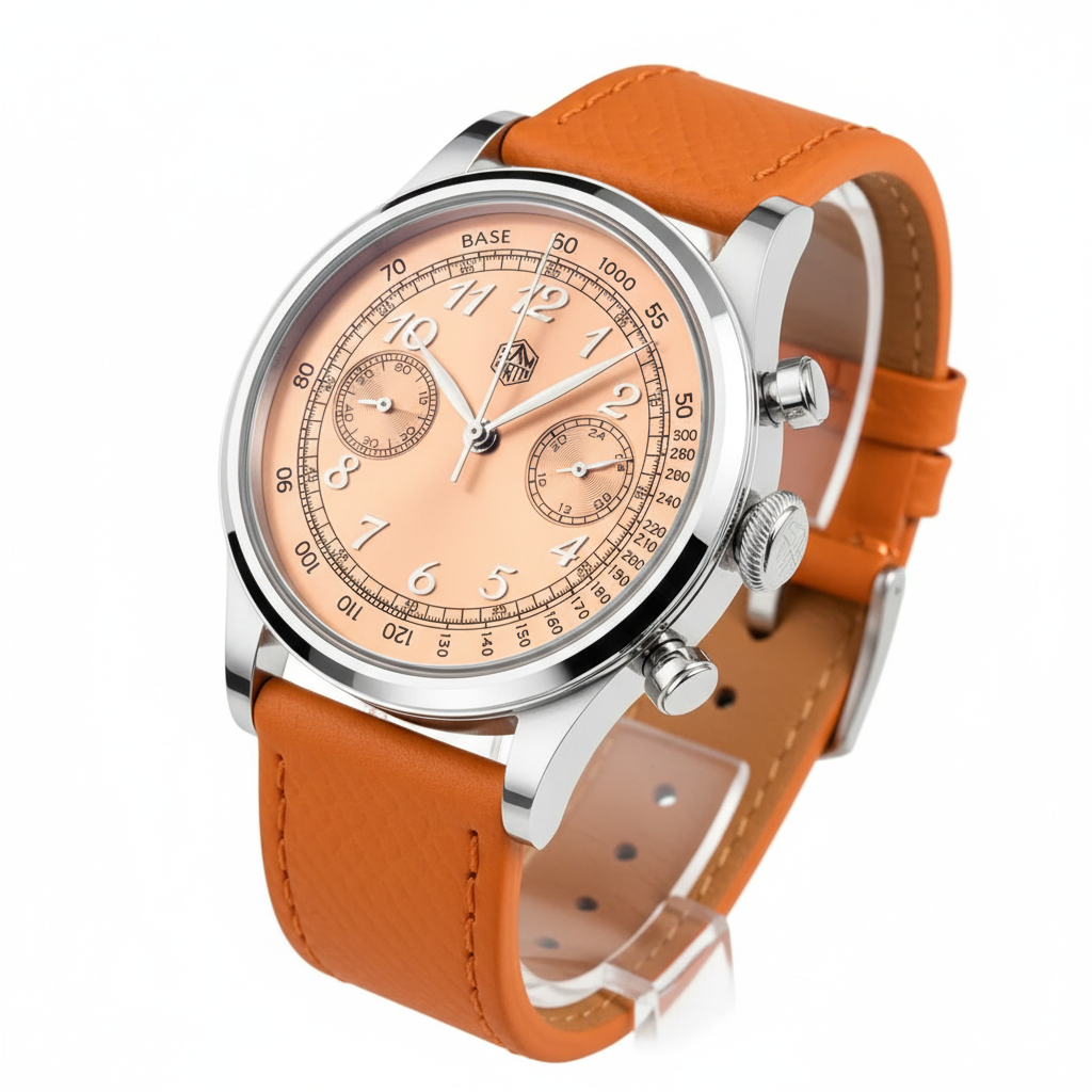 San Martin SN0101-G-JS-1 - orange dial, tan strap angled