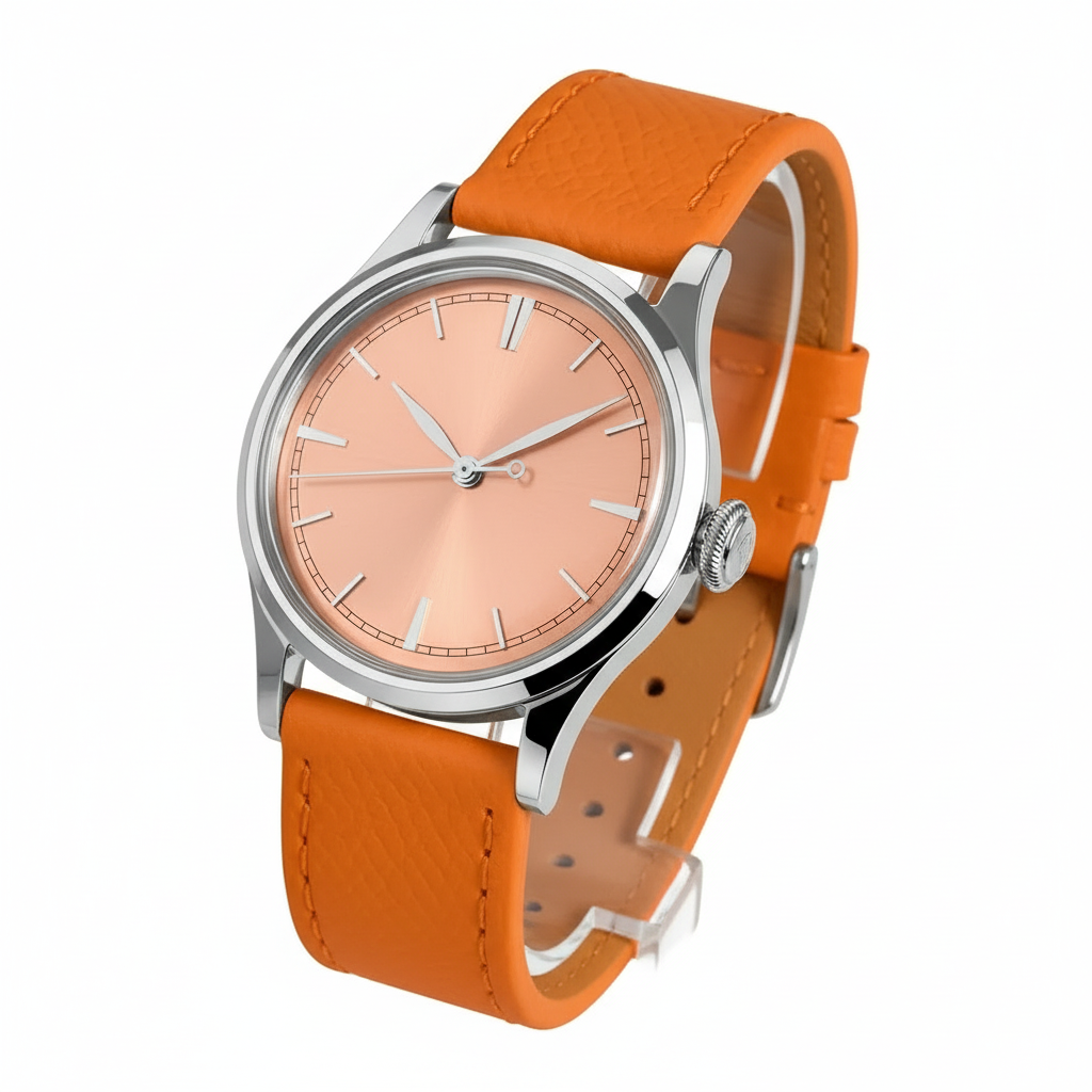 San Martin SN0101-GA - Cl - orange strap, copper dial, three qarter view