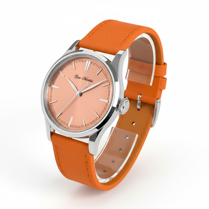 San Martin SN0101-GA - Cl - orange strap, copper dial, three qarter view