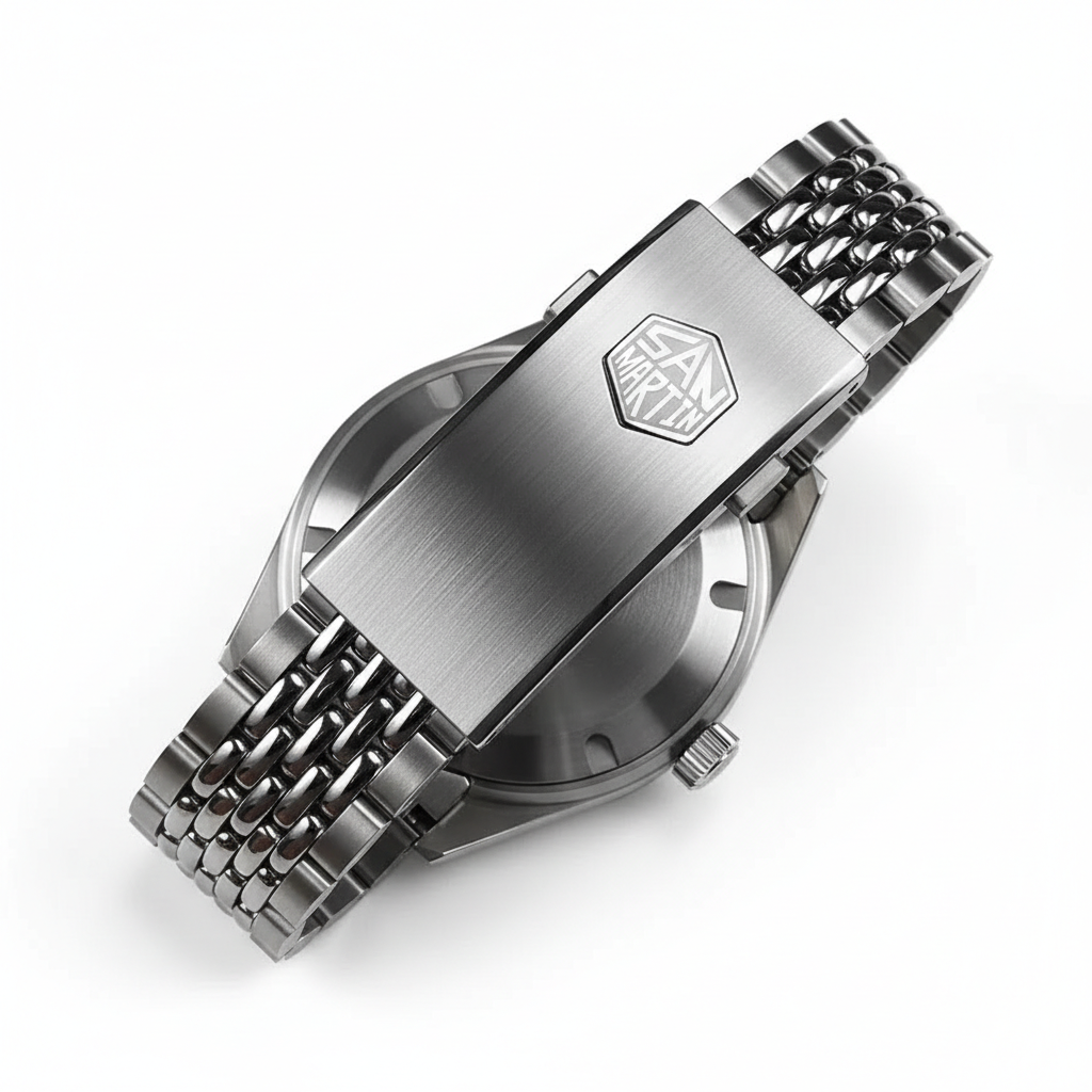 San Martin SN0116 Horizon Explorer GMT Dark Edition stainless steel jubilee bracelet clasp with engraved logo