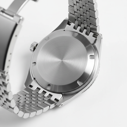 San Martin SN0116 Horizon Explorer GMT Dark Edition brushed stainless steel case back detail