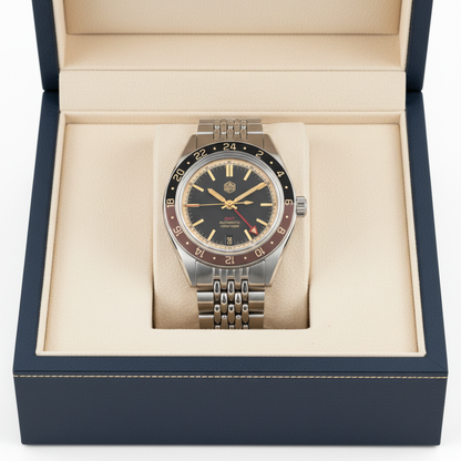 San Martin SN0116 Horizon Explorer GMT Dark Edition displayed inside original presentation box