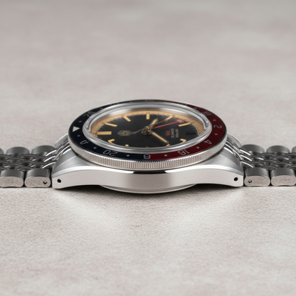 San Martin SN0116 Horizon Explorer GMT automatic watch showing stainless steel case thickness and domed crystal from side profile