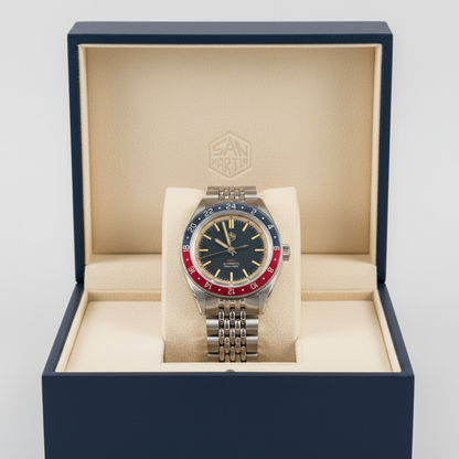 San Martin SN0116 Horizon Explorer GMT automatic watch dark blue edition displayed inside official presentation box