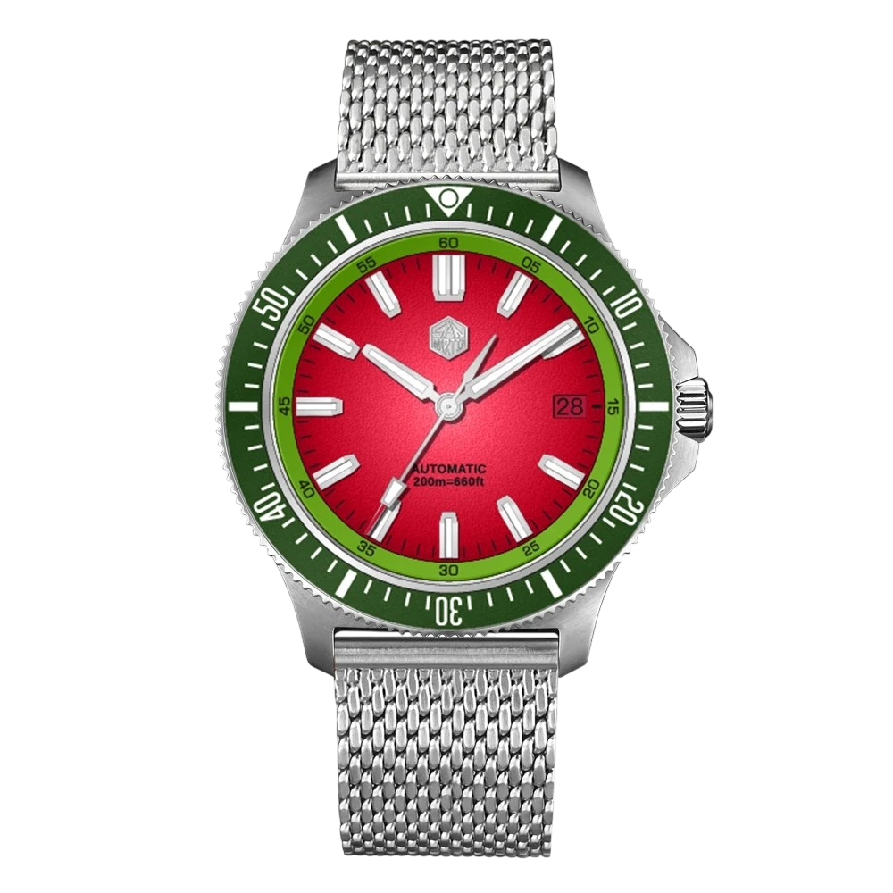 San Martin SN0118G - Watch with a red face, green bezel, and silver mesh band