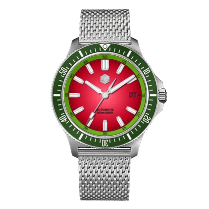 San Martin SN0118G - Watch with a red face, green bezel, and silver mesh band