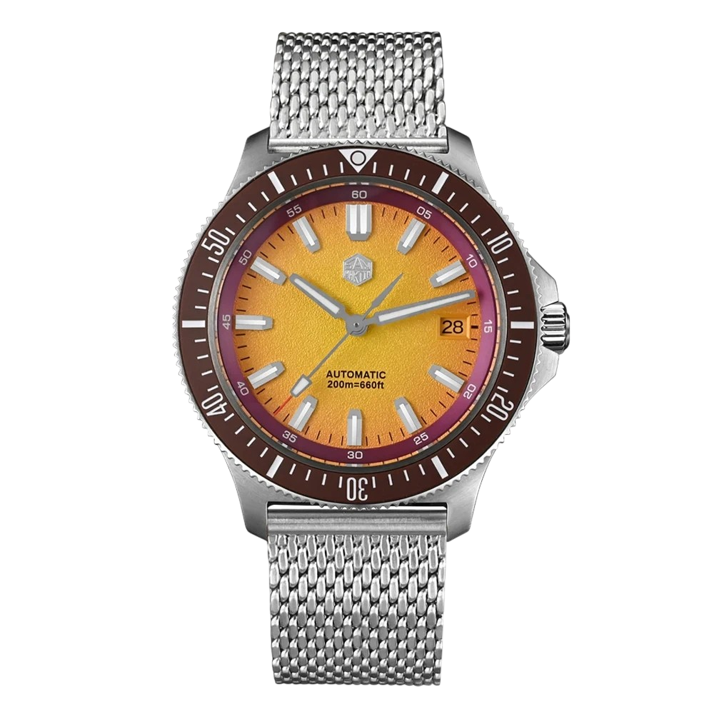 San Martin SN0118G - Watch with a yellow face and silver mesh band