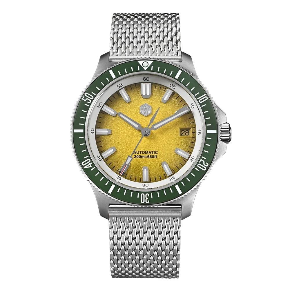 San Martin SN0118G - Watch with a yellow face, green bezel, and silver mesh band
