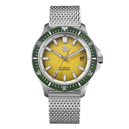 San Martin SN0118G - Watch with a yellow face, green bezel, and silver mesh band