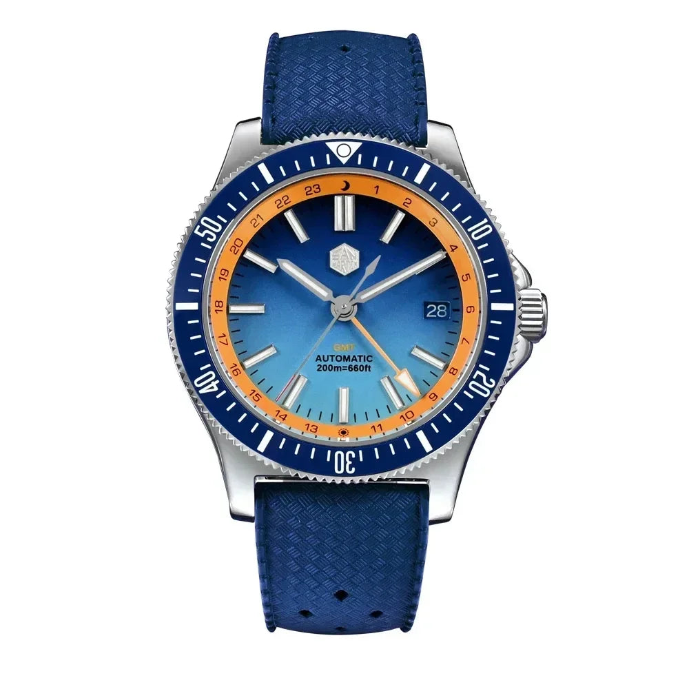 San Martin SN0119 GMT Dive Watch Blue and Orange Dial Front View