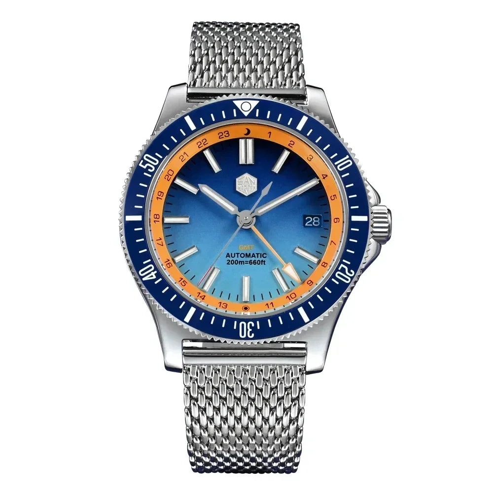 San Martin SN0119 GMT Dive Watch Blue and Orange Dial with Mesh Bracelet