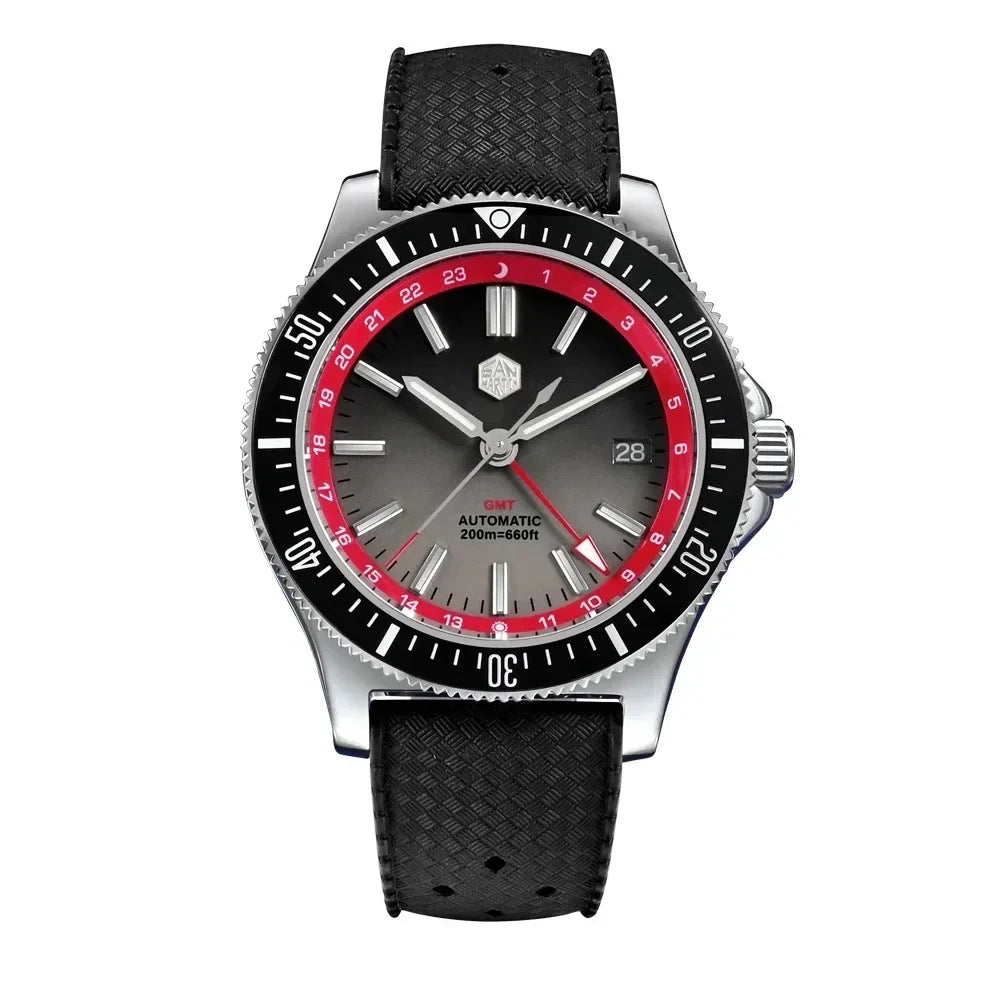 San Martin SN0119 GMT Dive Watch Gray and Red Dial with Black Rubber Strap