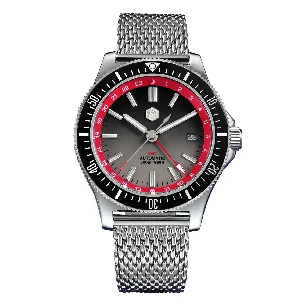 San Martin SN0119 GMT Dive Watch Gray and Red Dial with Mesh Bracelet