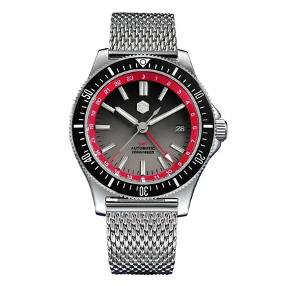 San Martin SN0119 GMT Dive Watch Gray and Red Dial with Mesh Bracelet