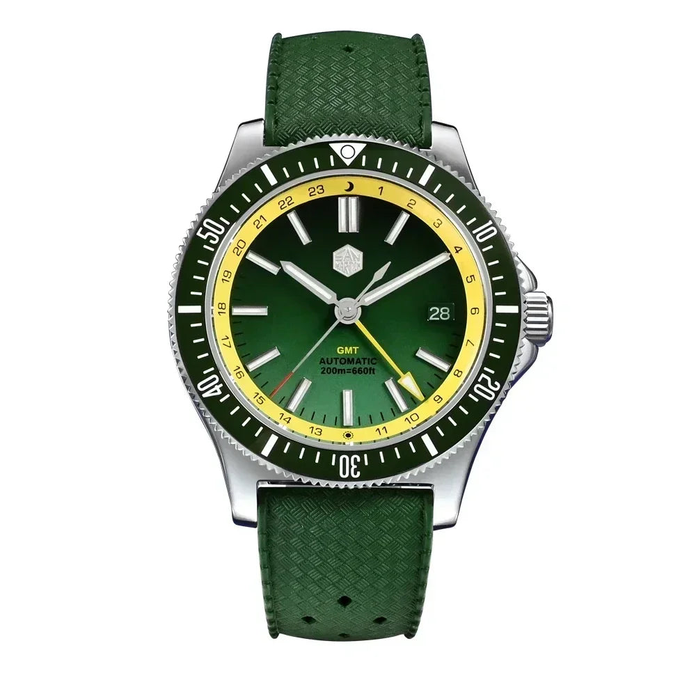 San Martin SN0119 GMT Dive Watch Green and Yellow Dial Front View