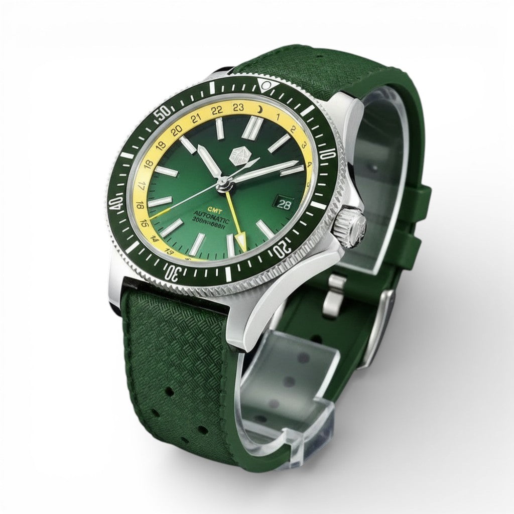 San_Martin_SN0119_GMT_Dive_Watch_Green_and_Yellow_Dial_three quarter view