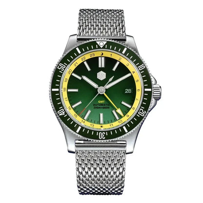San Martin SN0119 GMT Dive Watch Green and Yellow Dial with Mesh Bracelet