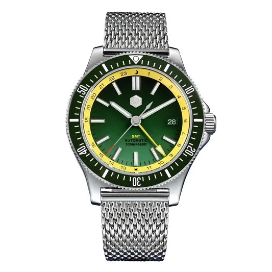 San Martin SN0119 GMT Dive Watch Green and Yellow Dial with Mesh Bracelet