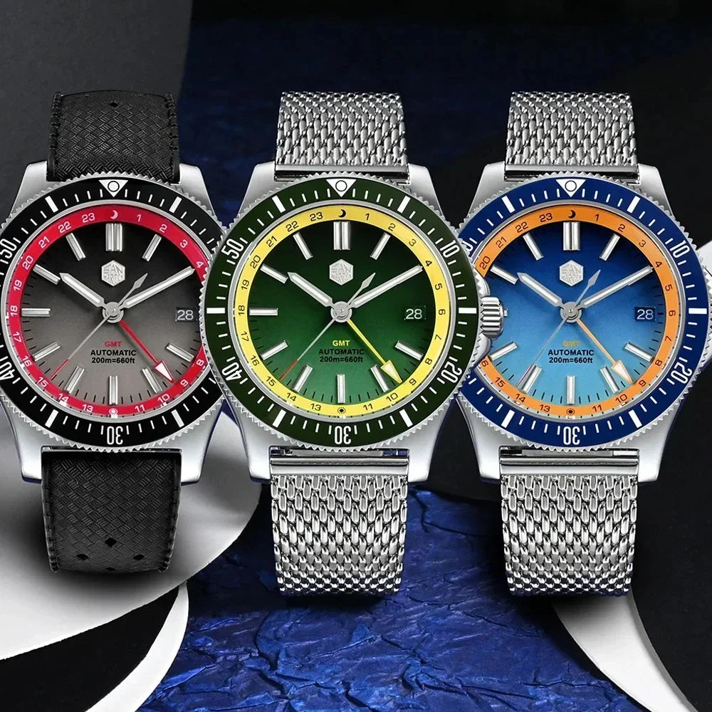 San Martin SN0119 GMT Watch Trio – Red, Green, and Blue Variants