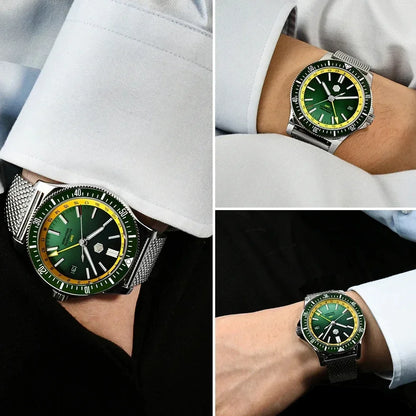 San Martin SN0119 Wristshot Green GMT on Stainless Mesh Bracelet