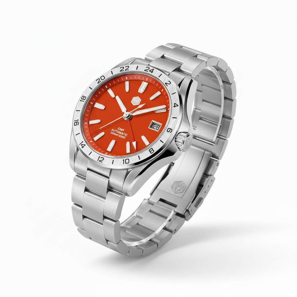 San Martin SN0129-G-B - G - steel GMT watch three quarter view