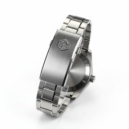 Stainless steel clasp detail of San Martin SN0129-G-B GMT watch with brushed finish and engraved logo