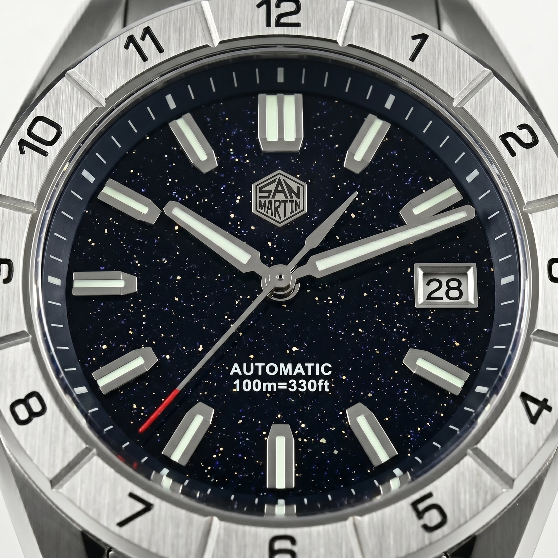 San Martin SN0130GB - Watch with starry night dial and brand logo, showing date and water resistance details.