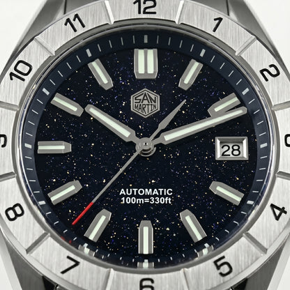 San Martin SN0130GB - Watch with starry night dial and brand logo, showing date and water resistance details.