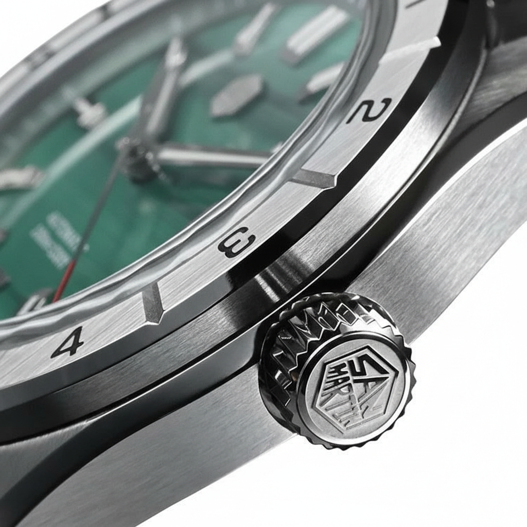 Macro detail of San Martin SN0130 watch bezel and signed crown with precision finishing
