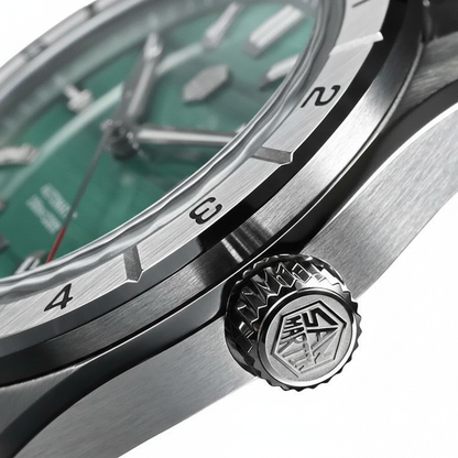 Macro detail of San Martin SN0130 watch bezel and signed crown with precision finishing