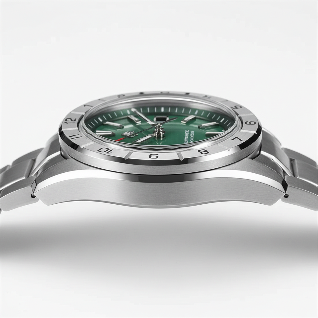 Side profile of San Martin SN0130 automatic sapphire watch showing slim stainless steel case and crystal height